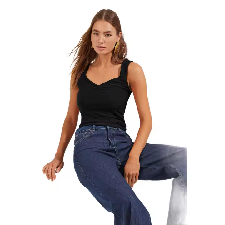 Trendyol Black Thick Straps Drawstring Bodysitting Crop Stretchy Knitted Blouse Twoss25Bz00273 - 1