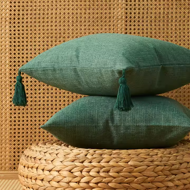  Funda De Cojín De Lino Y Algodón Texturizado En Khaki 45x45 Cm Con Borlas Estilo Moderno Rustico Neutro Decoración De Otoño Para El Hogar - 1