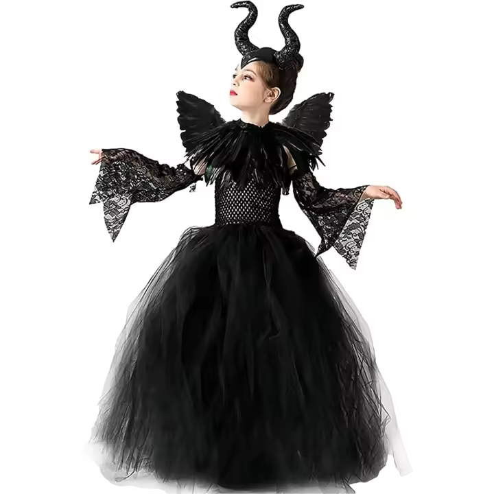 Disfraz Maléfica para Niñas, Bruja Negra Halloween Juegos de rol Vestidos con Cuernos Diadema Alas de ángel Cuento de Hadas Princesa Carnaval Cospaly Trajes de Fiesta - 1