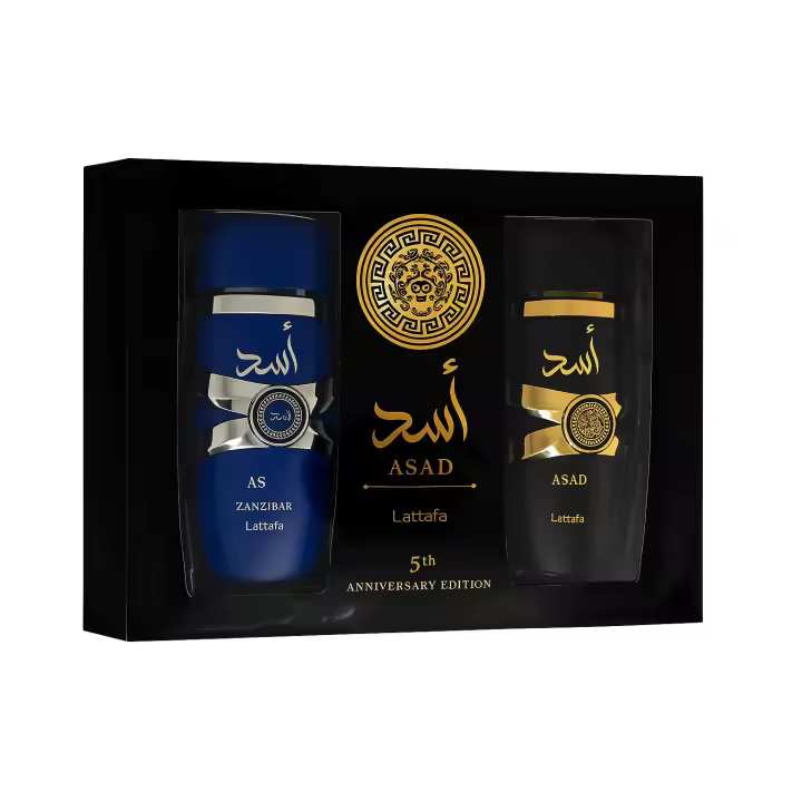 Descubre el pack Lattafa Asad + Asad Zanzibar, dos perfumes Arabes. Eau de Parfum de 100 ml cada uno. Asad ofrece una fragancia intensa y especiada, mientras que Zanzibar aporta frescura exótica. Ideal para regalo o uso diario. - 1