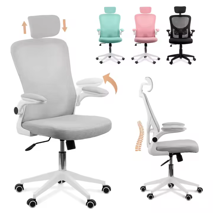 Silla Escritorio Ergonomica - Silla oficina Ajustable y Reclinable con Soporte Lumbar, Reposacabezas Ajustable, Plegables, Malla Transpirable, Ruedas Giratorias 360° Soporta hasta 120kg - Gris - 1