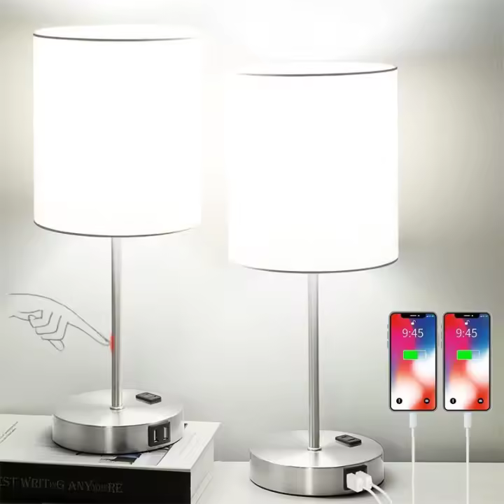 SOMY Paquete de 2 lámparas de escritorio con puerto de carga USB, lámpara de noche con salida de CA, lámpara de escritorio minimalista moderna con pantalla de tela para sala de estar, dormitorio, oficina - Lámpara de banco de trabajo blanca - 1
