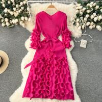 Vestido Elegante De Mujer 2024 Pleated Miyak Primavera Otoño V-Neck Suéter Beaded Exquisito Cinturón A-Line Midi Vintage Polyester - details 13