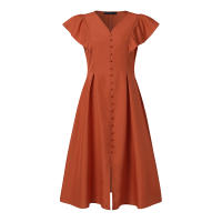 Vestido ZANZEA 2024 Elegante Vestido De Verano Para Mujer Con Manga Corta Plisado Estilo V-Neck Vestido Casual A-Line De Rodilla Solido OL - details 5