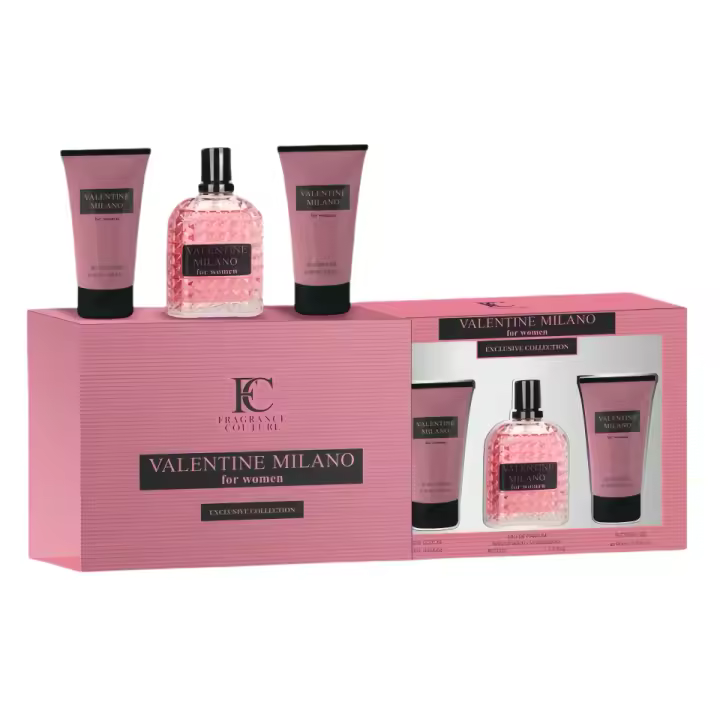 ESTUCHE 3 PIEZAS  - VALENTINE  MILANO FOR WOMEN 100ML -  BODY LOTION 90ML -  SHOWER GEL 90ML  - MARCA Fragance Coutour - el mejor regalo - 1