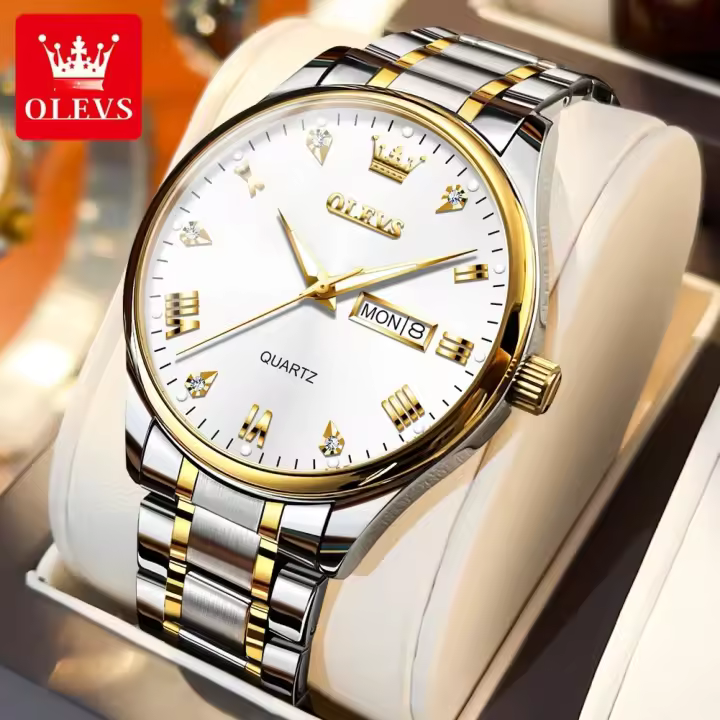 Reloj De Pulsera De Lujo Para Hombre OLEVS 5563 Acero Inoxidable Dorado Resistente Al Agua Calendario Doble Luminoso Estilo Formal - 1