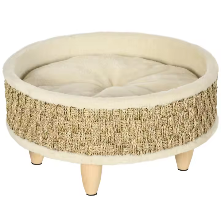 PawHut Cama Elevada para Perros Cama para Perros Miniaturas con Cojín Lavable Cuerda de Seagrass Marco de Madera y Alfombrillas Antideslizantes Sofá para Mascotas para Interior Ø48x24,5 cm Beige - 1