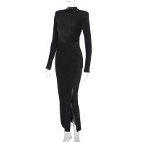 Vestido Largo Elegante De Mujer Otoño 2025 Cuello Redondo Brillo Seda Manga Larga Slim Wrap Abertura En La Cadera Estilo Básico - details 6