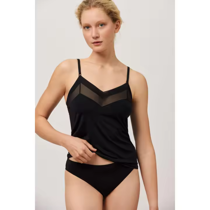 Ysabel Mora - Camiseta tirantes escote de tul negro - 1
