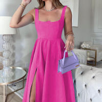 BAMBOOBOY Vestido Largo De Verano Para Mujer Con Tirantes Estilo Casual Cuello En V A-Line Pierna Slit Alta Manga Sin Manga Polyester Spandex - details 5