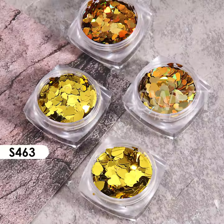 4pcs Brillo De Uñas Dorado Holográfico Con Corazones Y Espejo Decoración De Manicura Paillettes 3D De Lujo Para Año Nuevo Y San Valentín - 1