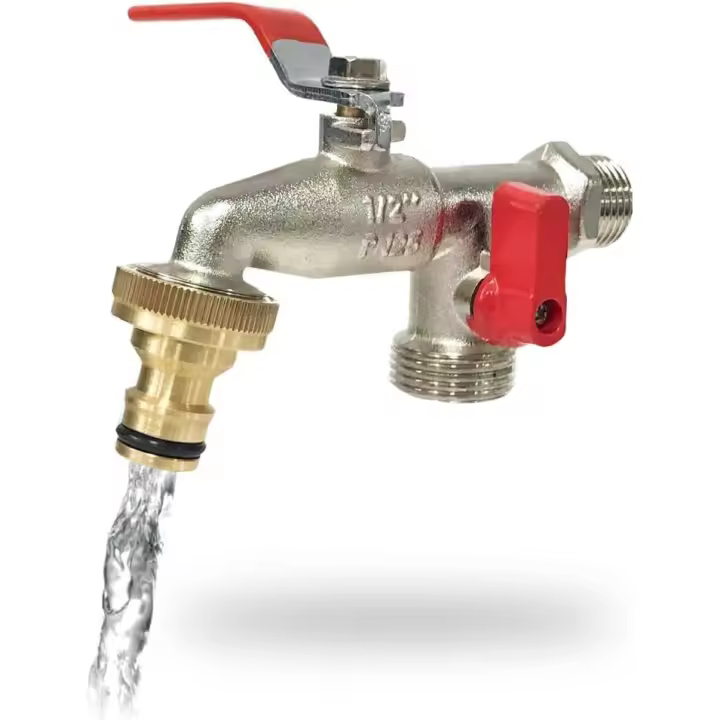 Grifo de Jardín Premium de Doble Salida 1/2'' - 3/4'' - Raccord de Latón Compatible con Todos los Accesorios de Riego - 1