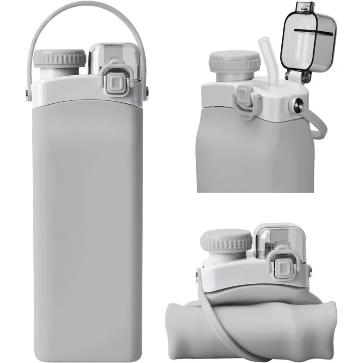 Botella de agua de silicona de 600 ml con pajita, reutilizable y antifugas, deportiva y sin BPA. - 1
