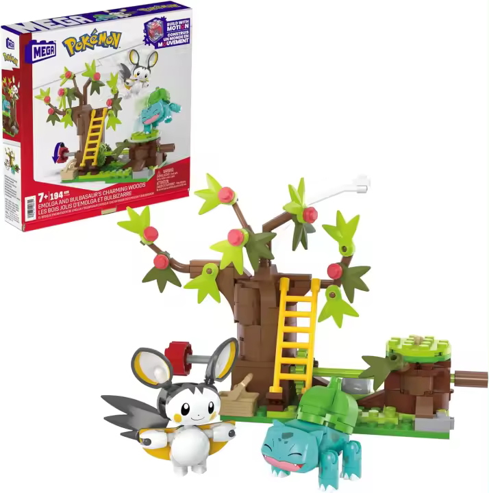 Mega Pokémon Emolga y Bulbasaur en el Bosque Encantador 194 Bloques de construcción con Movimiento y 2 Personajes, Juguete +7 años - HTH69 - 1