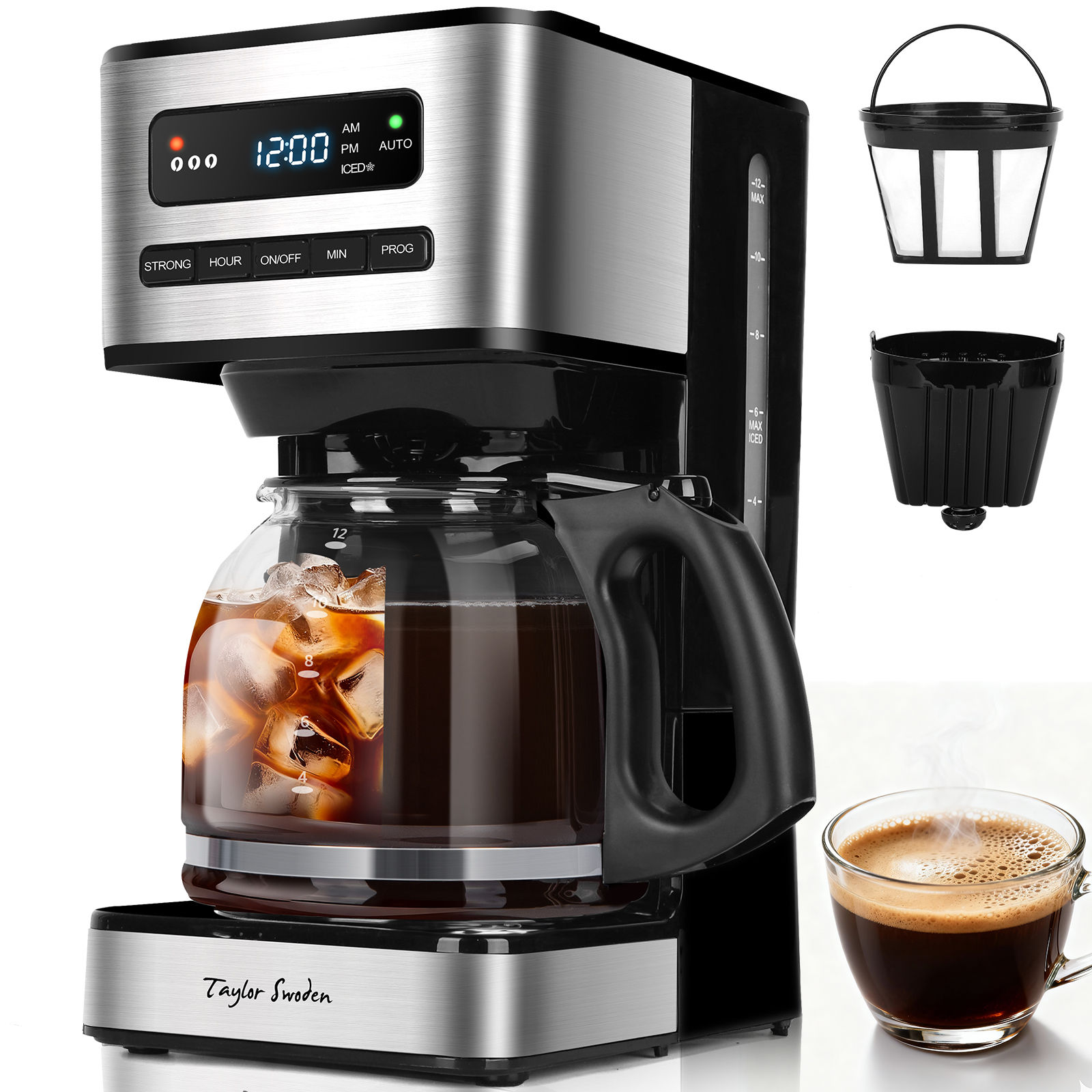 Taylor Swoden Cafetera Automática, 1.8L, con Modo Café Helado y Autolimpieza - Temporizador 24H para Preparar al Despertar, 3 Ajustes de Sabor, Jarra Antigoteo y Filtro Permanente, Color Negro