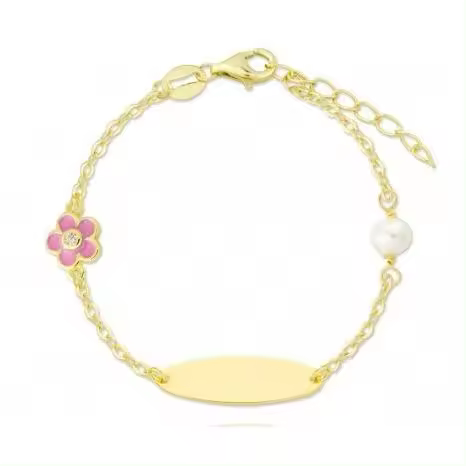 Pulsera Turmalina - Esclava Dorada de Plata de Ley 925 para Bebé o Niña con Placa y Motivos de Flor y Perla - Regalo Ideal - 1