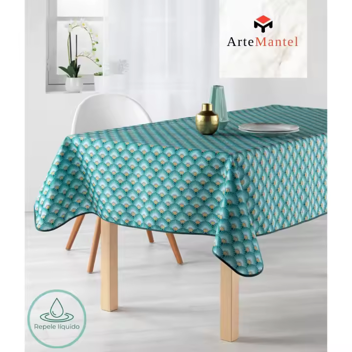 ARTEMANTEL Mantel Antimanchas FAN CYAN de Poliéster para Mesa Rectangular o Redondo - Resistencia a las Arrugas - Secado Rápido - Colores Elegantes - 1