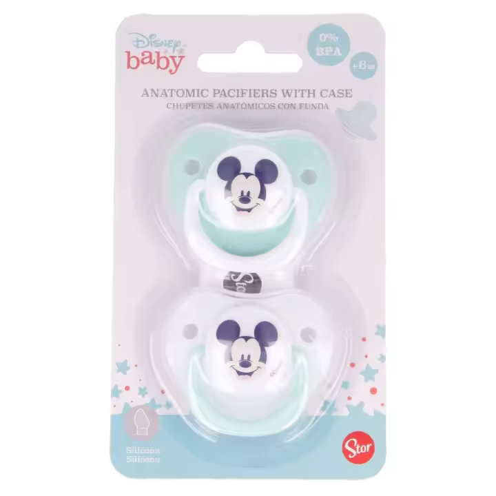 Set 2 Chupetes Mickey Tetina Anatómica de Silicona , para +6 Meses, Libre BPA, Con Funda Cool Like, Color Verde Agua y Blanco, FABRICADO EN ESPAÑA, Stor - Kiglam - 1