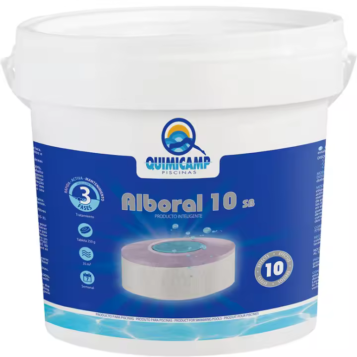 Cloro Alboral 10 Efectos Quimicamp en pastillas de 250g ideal para el mantenimiento del agua de la piscina al contener desinfectante, algicida, floculante, estabilizante, mantenedor del PH, bactericida, , abrillantador, antical y clarificante - 1