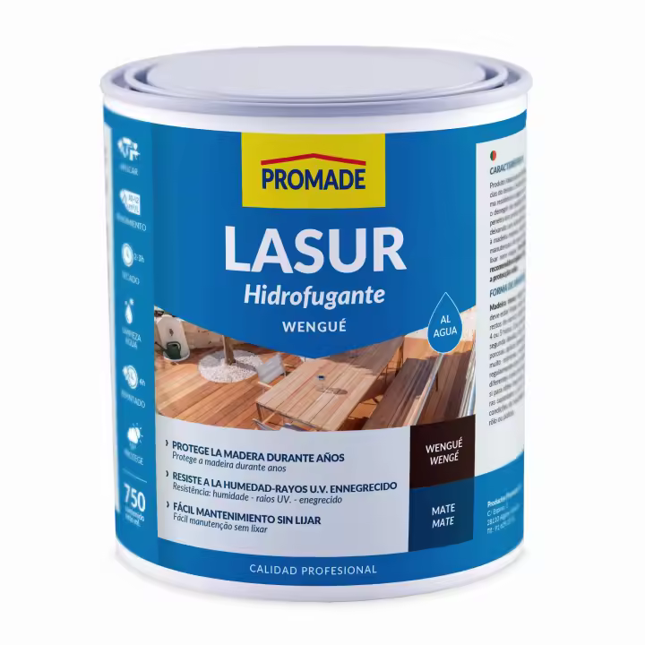 Protector de madera exterior resistente al agua y a rayos U.V. en diferentes colores mate: incoloro, roble, teka, caoba, nogal y wengue - Productos Promade Lasur hidrofugante - 750 ml o 4 litros - 1