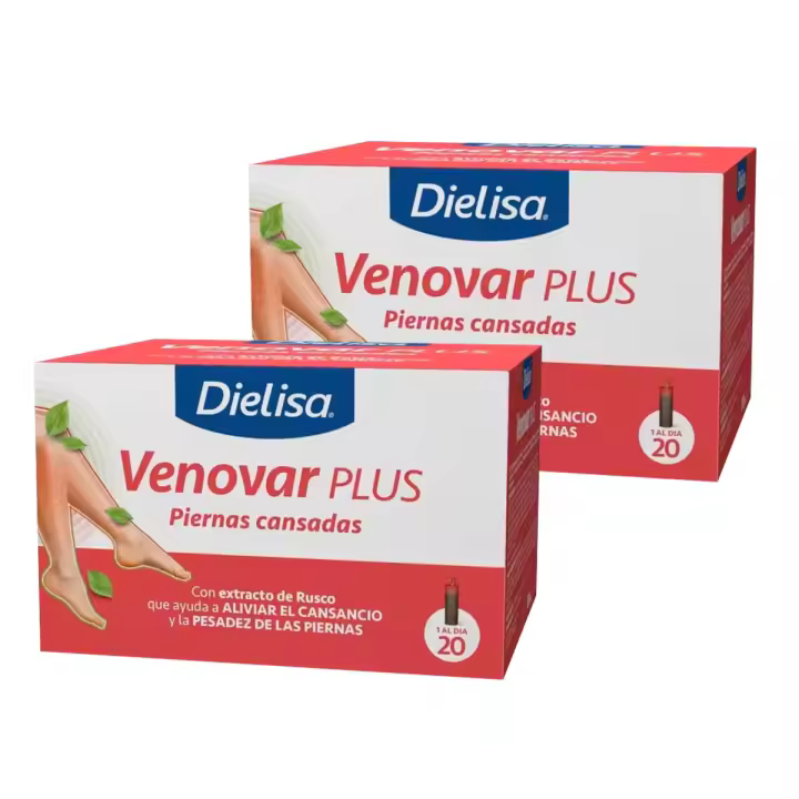 PACK de 2 Dielisa - Venovar - Complemento alimenticio a base de plantas, vitaminas y bioflavonoides para el Sistema Circulatorio. Con extracto de Rusco que ayuda a aliviar el cansancio y pesadez de las piernas. 60 Cápsulas - 1