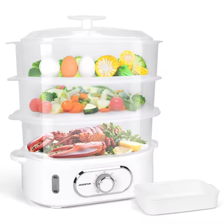 AIGOSTAR Vaporera con Capacidad Total 12L, Temporizador Hasta 60 Minutos,  3 Recipientes Independientes, Soporte Para Cocinar Huevos,Recipiente Para Cocinar arroz. - 1