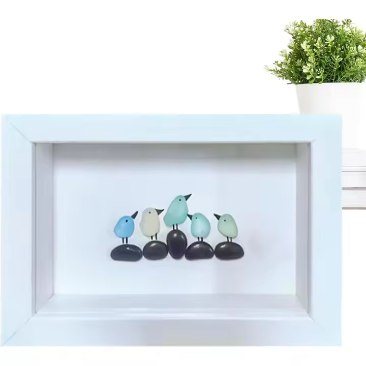 Marco de fotos de pájaros de vidrio marino: arte encantador de vidrio marino enmarcado, pieza decorativa ideal | Decoración de vidrio marino con pájaros naturales, marco de fotos de arte de pared hecho a mano, ideal para espacios habitables, realza c - 1