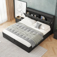 Cama tapizada con estilo, 160*200, Cama hidráulica, Estante Oculto en el cabecero, Estante en El Cajón DE LA Cama, PU, Con somier y cabecero, Sin colchón, Negro - details 0
