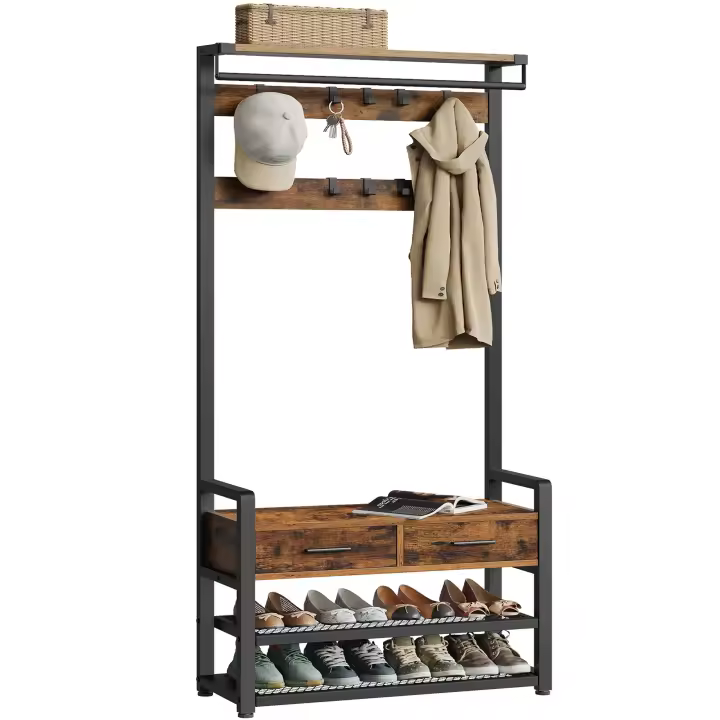 VASAGLE Perchero Recibidor, Mueble de Entrada con 10 Ganchos Extraíbles, 2 Cajones, Banco Zapatero, Diseño Separable, 30 x 80,4 x 181,6 cm, Marrón Rústico y Negro Tinta/Gris Carbón y Negro - 1