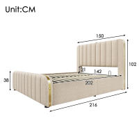 Cama tapizada Cabecero tapizado Doble with Rayas Decorativas Doradas y Carga USB Type-C 140*200 cm, material de Lino beige Cama de camping hidráulica, capacidad de carga 181 kg (sin colchón). - details 5
