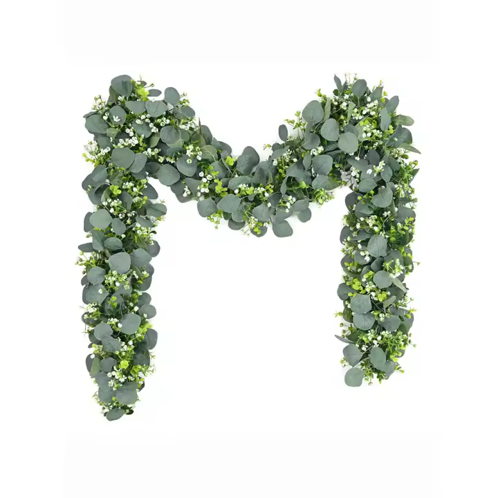 Guirnalda De Hojas De Eucalipto Artificiales Verdes Con Flores Y Bayas Blancas 1pc Decoración Para Bodas Y Fiestas En Casa - 1