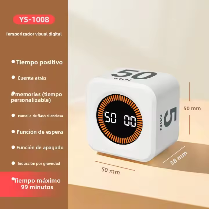 Timer Digital Visual Mini Cubo Recargable Con Sensor De Gravedad Y Pantalla LED Para Cocina Estudio Ducha 4 Tiempos Preset - 1