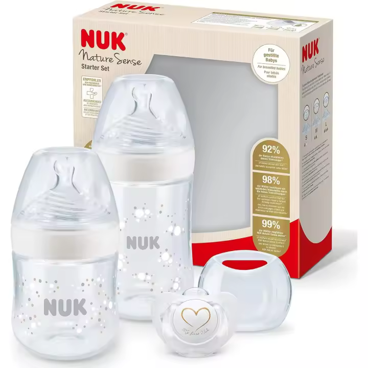 NUK - Set de Biberones - Set de Inicio - Para Bebés 0-6 Meses - Incluye 2 Biberones de 150ml y 260ml y 1 Chupete - Con Control de Temperatura - 1