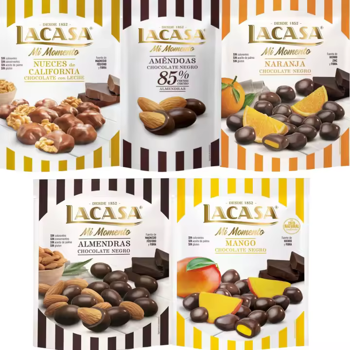 Lacasa Mi Momento pack de 5:Almendra 85% 65G,Nueces Leche 115G,Almendra choco Negro 125G,Naranja choco Negro 125G,Mango choco Negro 115G - 1