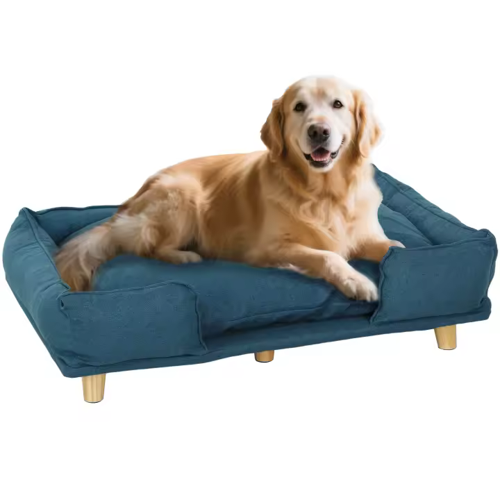 PawHut Sofá para Perros Grandes Cama Elevada para Perros con Patas de Madera y Cojín Lavables Cama para Mascotas Carga 30 kg 96x66x24 cm Azul - 1