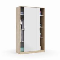 Meimon Armario de 2 puertas correderas con barra de colgar extraíble de aluminio, 4 estantes interiores regulables en altura, guías correderas ABS, tiradores ABS blancos, tacos ABS antirruido, fabricado en tablero de partículas melaminizado tipo E1 - details 1