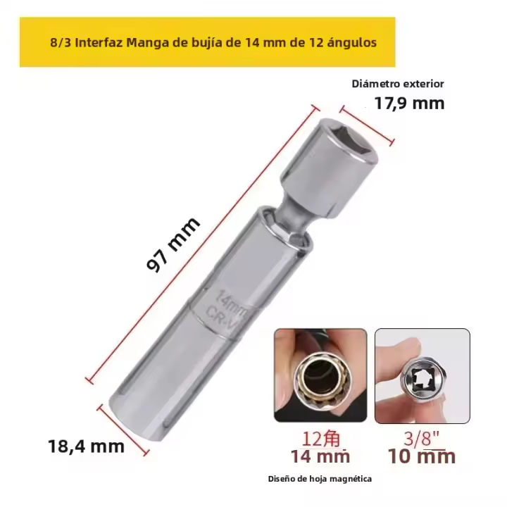Adaptador De Llave De Encendido De Coche 14mm 16mm Con Manguera Flexible Magnética Y Pared Delgada 3/8" Herramienta De Reparación De Coche Universal - 1