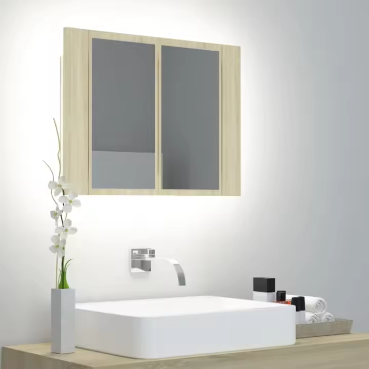 vidaXL Armario espejo de baño LED acrílico roble Sonoma 60x12x45 cm - 1