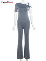 Conjunto De Ropa Casual Para Mujer Con Nudo Irregular Y Pierna Ancha Estilo Slim Streetwear Verano 2 Piezas Top De Manga Corta Y Pantalones - details 2