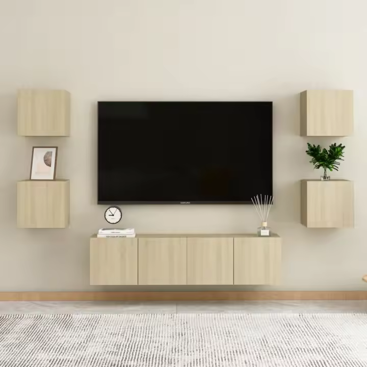 vidaXL Muebles de salón 6 pzas madera ingeniería blanco brillo en color Blanco brillante/Gris hormigón/Roble Sonoma | almacenamiento funcional diseño moderno para baño dormitorio sala - 1
