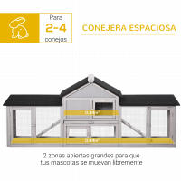 PawHut Conejera de Exterior Grande Jaula de Madera para 2-4 Conejos con Techo Asfáltico Recinto de Alambre Bandeja Extraíble y Rampas 210x45,5x84,5 cm Gris y Negro/Natural y Verde - details 4
