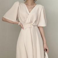 Vestido REALEFT Para Mujer Verano Otoño Manga Acolchada V-Neck Cinturón Frontal Cruzado Elegante Casual A-Line Midi Para Oficina - details 5