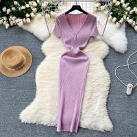 Vestido Bodycon Elegante Para Mujer Vestido Maxi De Verano Con Cuello En V Y Manga Corta Vestido Knit Elasticidad Alta Silueta Ajustada - details 15