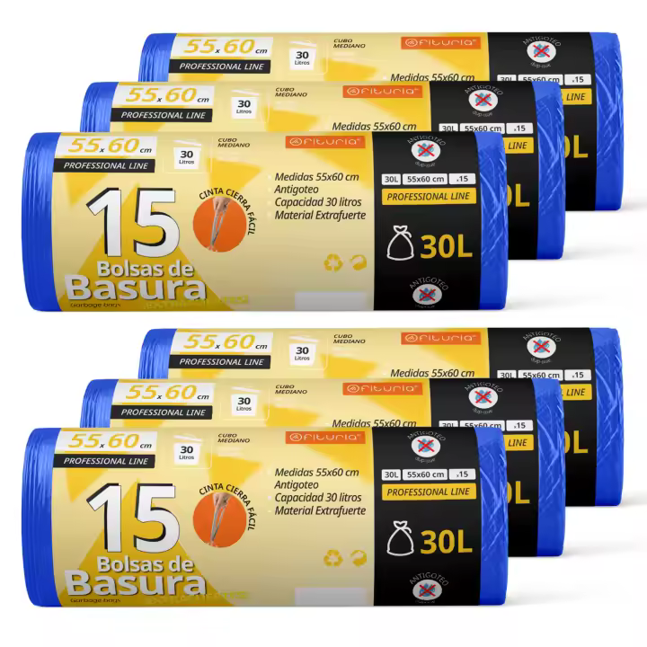 Bolsas Basura, Bolsas Basura 30L, Resistentes, Aptas para Cubos de Basura de 30L, Antigoteo, Bolsas con Autocierre Fácil, Apta para Todo Tipo de Desechos, 55x60 cm - Ofituria (15 bolsas, 30L) - 1