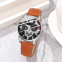 Reloj De Cuarzo Para Hombre Marrón Con Correa De Cuero Set De 4 Piezas Elementos Mecánicos Moda Regalo Ideal Para Él - details 2