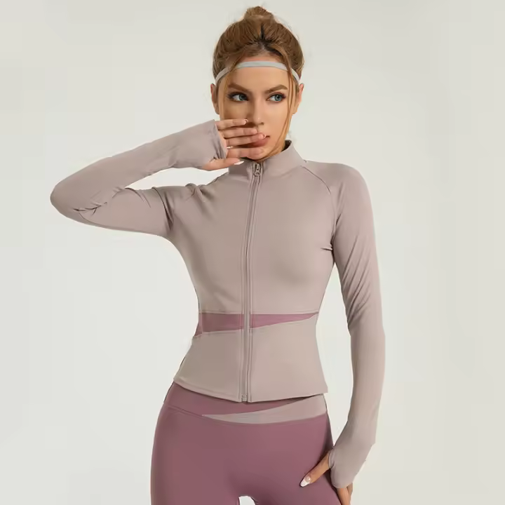 Chaqueta de yoga con bloques de color melocotón, top deportivo color carne, cuello alto, ropa deportiva adelgazante, transpirable y que deja al descubierto el ombligo para mujer - 1
