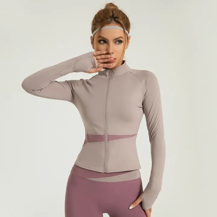 Chaqueta de yoga con bloques de color melocotón, top deportivo color carne, cuello alto, ropa deportiva adelgazante, transpirable y que deja al descubierto el ombligo para mujer - 1