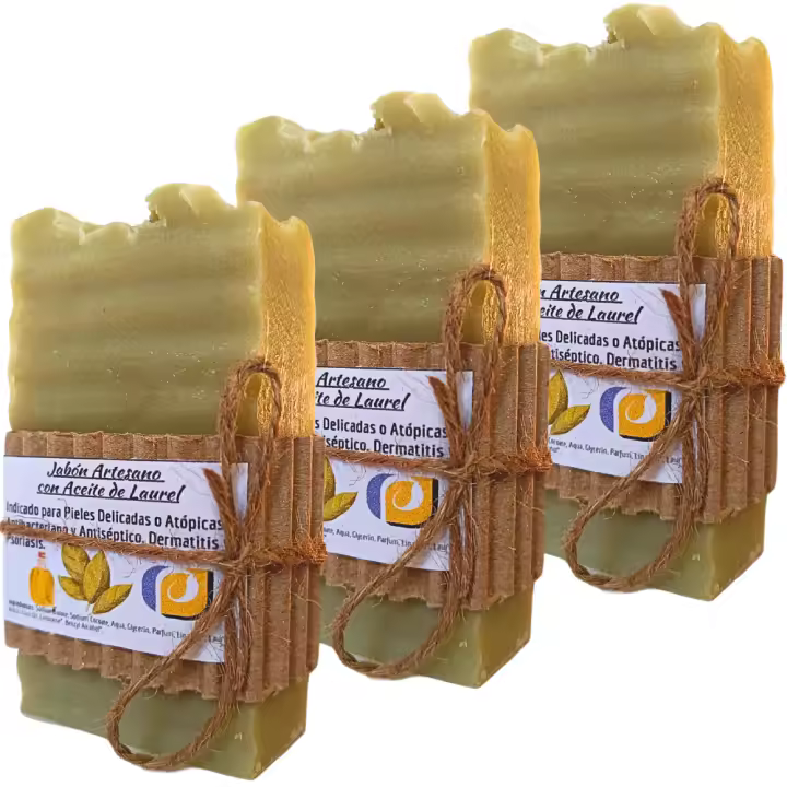 3 Jabones Artesanales Aceite de Laurel. Dermatitis. Piel Sensible. Pumarshop Cinnia Natura. Jabón Artesano hecho a  mano - 1