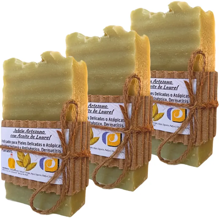 3 Jabones Artesanales Aceite de Laurel. Dermatitis. Piel Sensible. Pumarshop Cinnia Natura. Jabón Artesano hecho a  mano - 1