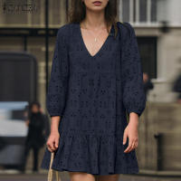 ZANZEA Vestido Mini De Verano Para Mujer Estilo Casual Con Encaje Bordado Hueco Y Manga Puff Vuelta En El Cuello Vestidos Puff Sleeve A-Line - details 3